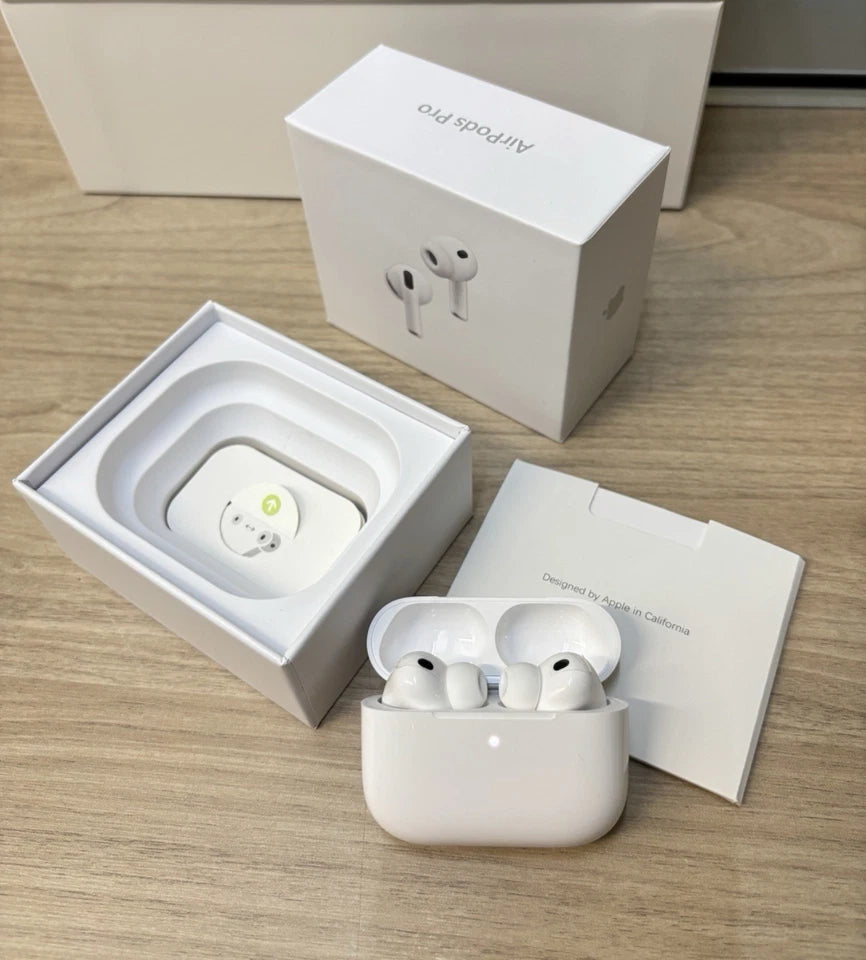 AirPods with charging case and packaging